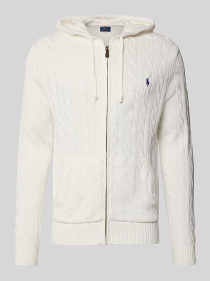 Produktfoto, weiße Regular Fit Strickjacke aus reiner Baumwolle von Polo Ralph Lauren, grobe Strickstruktur, für Herren
