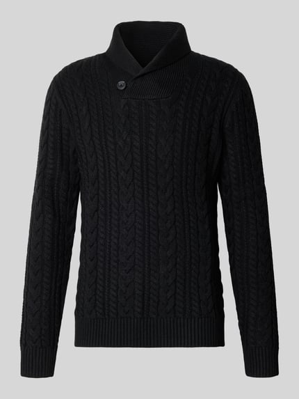 Produktfoto, czarny sweter z dzianiny o ściegu warkoczowym z mieszanki materiałów z bawełną, szalowy kołnierz, zapięcie na guzik, model 'CALLUM' od JACK & JONES premium, krój slim fit, długość tyłu w rozmiarze M: 70 cm, długość rękawów w rozmiarze M: 74 cm