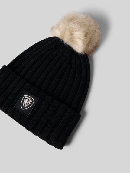 Blauer USA Gebreide muts met pompon en labeldetail, model 'LIFE' Zwart - 2