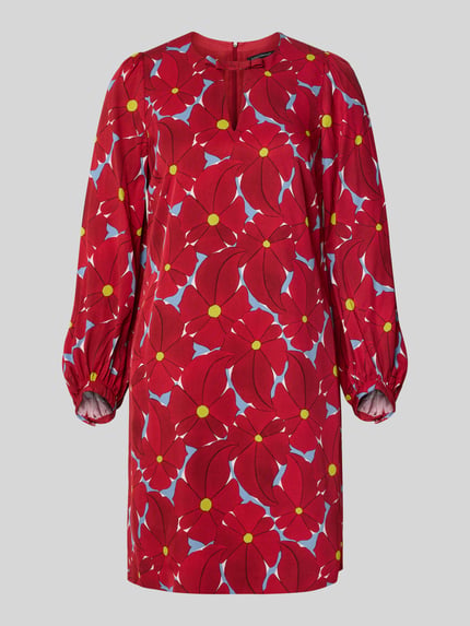 Produktfoto, Tunikakleid aus Viskose mit Schlüsselloch-Ausschnitt von LUISA CERANO, rote kleur met geel-blauw bloemenpatroon, recht model, knielengte, borstwijdte 47 cm, mouwlengte 58 cm, ruglengte 91 cm, met onderjurk en ritssluiting achter