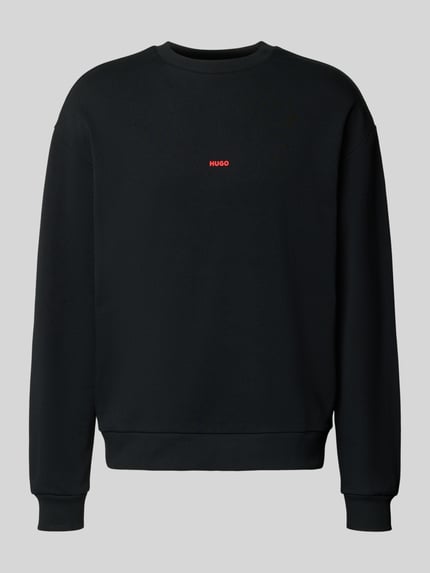 Produktfoto, Regular Fit Sweatshirt aus reiner Baumwolle Modell 'DUBRAXO' von HUGO in Schwarz, Optik: Unifarben, Rundhals, Langarm, Label-Stitching, Motiv-Print, Sweat, gerippte Abschlüsse, Material: Baumwolle