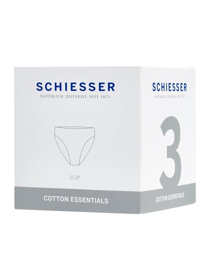 Produktfoto, Slip im 3er-Pack von Schiesser im weißen Karton mit grauen und blauen Akzenten, enthält Baumwoll-Mix mit elastischem Bund