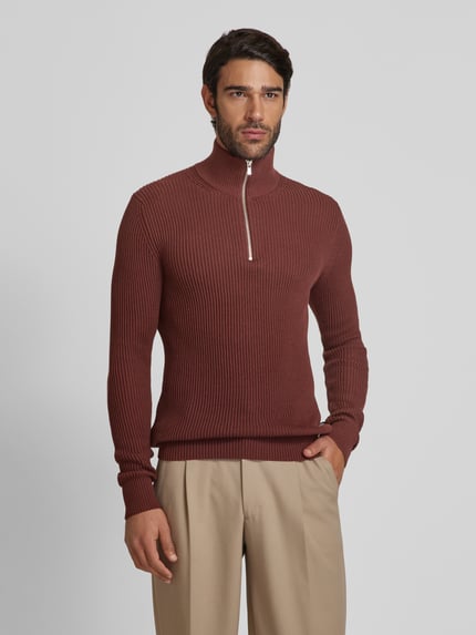 JACK & JONES Premium Strickpullover mit Troyer-Kragen Modell 'RBLALIAM' Dunkelbraun 4