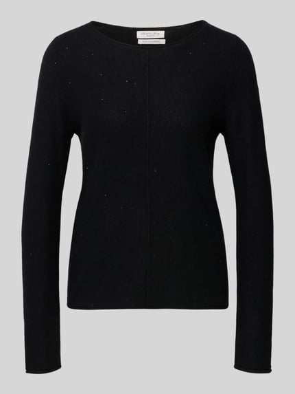 Produktfoto, schwarzes Regular Fit Longsleeve aus Kaschmir-Mix von Christian Berg Woman mit Ziernaht, Rundhalsausschnitt, Langarm, Rückenlänge 56 cm, Ärmellänge 65 cm