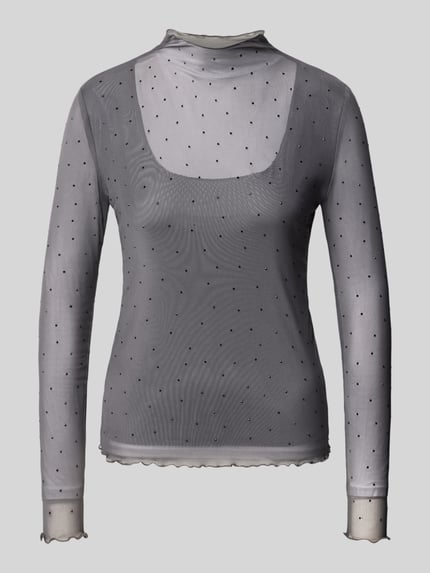Produktfoto, shirt met lange mouwen met Strass-steentjes van zero, Materiaalmix met stretch, getailleerd, opstaande kraag, Geschulpte zoom, ruglengte maat 36: 62 cm