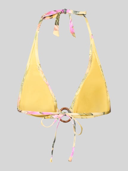 Produktfoto, Bikini-Oberteil im Allover-Look Modell 'Minew Triangle' von Banana Moon aus Material-Mix mit Stretch-Anteil, Schnürung und Neckholder, gelbe Grundfarbe mit bunten Akzenten, Körpernahe Passform