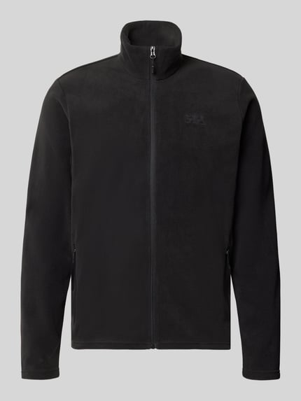 Produktfoto, schwarze Regular Fit Fleecejacke mit Stehkragen Modell 'Daybreaker' von Helly Hansen, mit Reißverschluss und Eingrifftaschen, glatte Fleece-Textur, sichtbar sind Schultern und Ärmel, Kontext: Rückenlänge 73 cm, Schulterbreite 47 cm, Brustweite 54 cm, Ärmellänge 88 cm