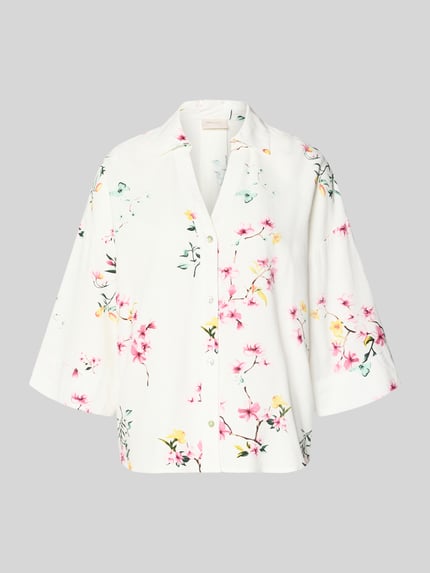 Produktfoto, Relaxed Fit Bluse aus Viskose-Leinen-Mix Modell 'Lavisco' von FREE/QUENT, biała, kolorowy kwiatowy wzór, kołnierzyk koszulowy, dekolt V, rękaw 3/4, długość tyłu w rozm. S 67 cm, długość rękawa w rozm. S 30 cm
