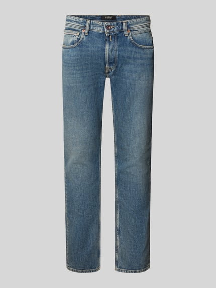 Produktfoto, Slim Fit Jeans aus Baumwoll-Mix Modell 'Grover' van Replay, heren jeans van katoenmix, knoop- en ritssluiting, 5-pocketmodel, bandwijdte maat 32/32: 42 cm, binnenbeenlengte maat 32/32: 80 cm, blauwe tint, rechte pijpen, authentieke denimstructuur