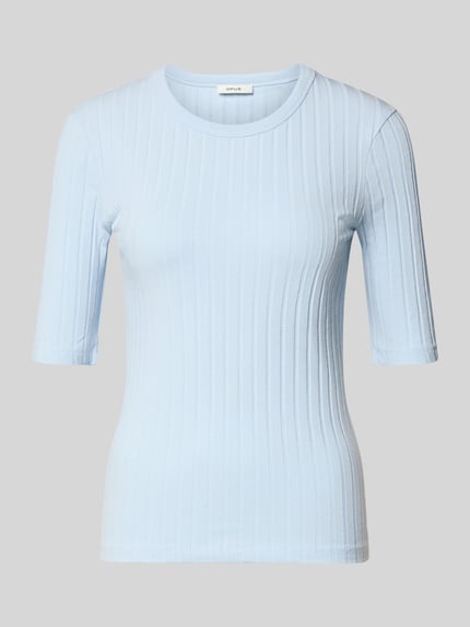 Produktfoto, hellblaues T-Shirt in Ripp-Optik Modell 'Savka' von OPUS, Slim Fit, Rundhalsausschnitt, 1/2-Arm, Material-Mix mit Stretch-Anteil.