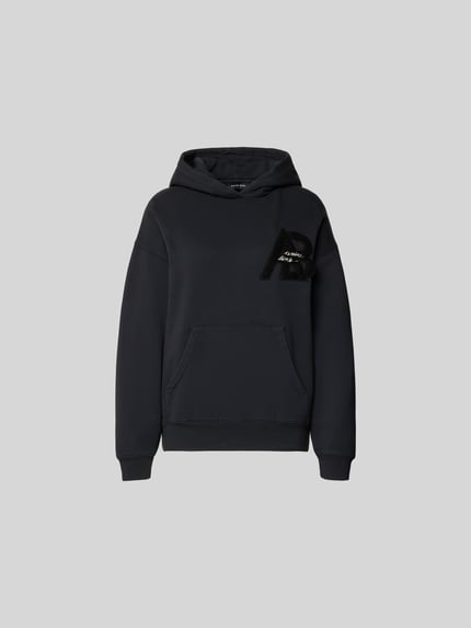 Produktfoto, Regular Fit Hoodie mit Logo-Detail von Anine Bing aus reiner Baumwolle in Dunkelblau, Känguru-Tasche, elastische Abschlüsse.