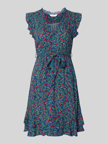 Produktfoto, Minikleid aus Viskose mit Bindegürtel von Apricot in Dunkelblau mit floralem Muster, Taillierter Schnitt, V-Ausschnitt mit Rüschen, kurze Knopfleiste, Schmetterlingsärmel, Stufenrock, Rückenlänge bei Größe S 70 cm, Brustweite 47 cm