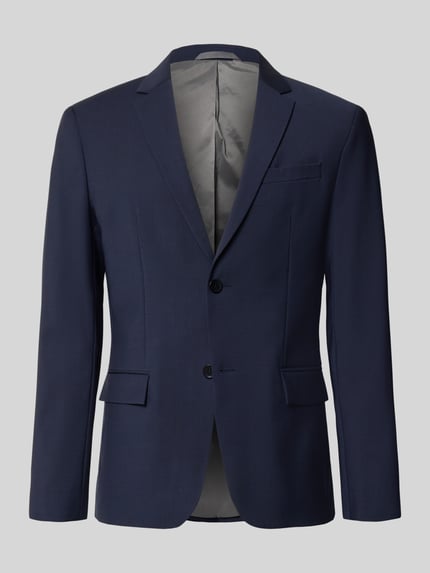 Produktfoto, 2-Knopf-Sakko in unifarbenem Design von CK Calvin Klein, mieszanka bawełny z dodatkiem streczu, krój regular fit, kieszenie z patką, tylna długość 73 cm, szerokość ramion 47 cm, długość rękawów 65 cm, kolor granatowy, gładka tekstura