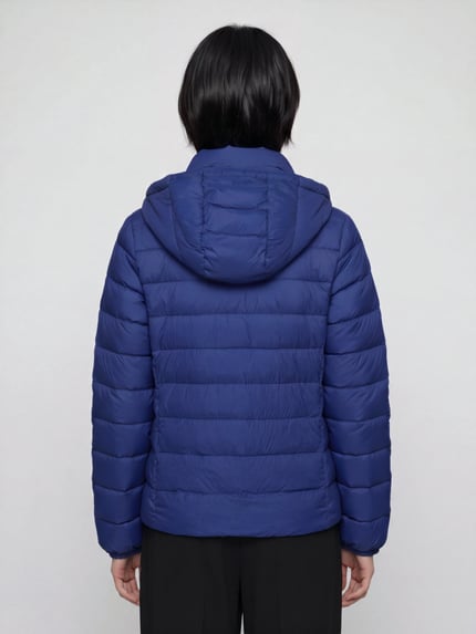 Frauenmodel trägt Steppjacke mit Kapuze von Polo Ralph Lauren in kräftigem Blau, glatte Oberfläche, Ganzkörperansicht Rückansicht. Damen Steppjacke von Polo Ralph Lauren
