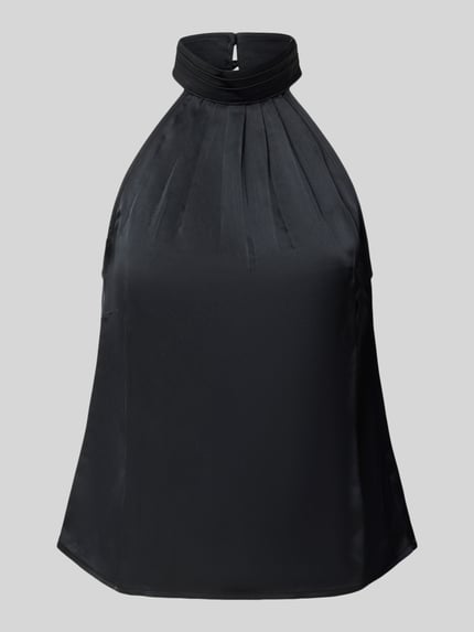 Produktfoto, schwarzes Satin Neckholder-Blusentop mit Stehkragen Modell 'ENID' von VILA, Regular Fit, glatte und leicht glänzende Textur