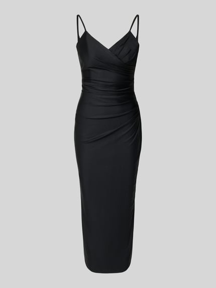 Produktfoto, sukienka koktajlowa 'Cocktailkleid mit Spaghettiträgern und V-Ausschnitt' od TROYDEN COLLECTION z satyny, dopasowany krój, sukienka midi, dekolt w serek, cienkie ramiączka, zamek błyskawiczny z tyłu, długość tyłu w rozmiarze 36: 125 cm, szerokość w rozmiarze 36: 37 cm, gładka czarna faktura