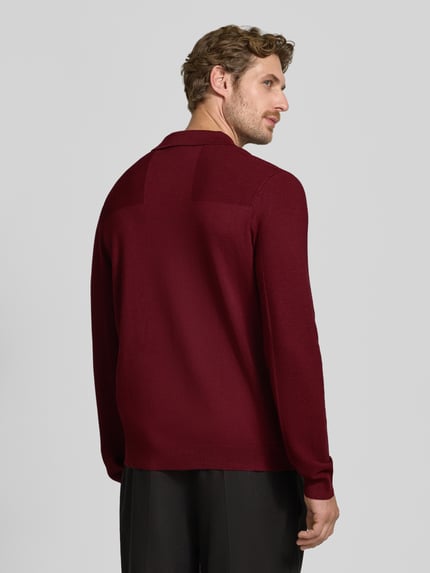 Męski model nosi bordową koszulkę polo Relaxed Fit Poloshirt mit Woll-Anteil Modell 'KN_Momentum-X PL' od BOSS Green, tekstura gładka, całkowity widok z tyłu.