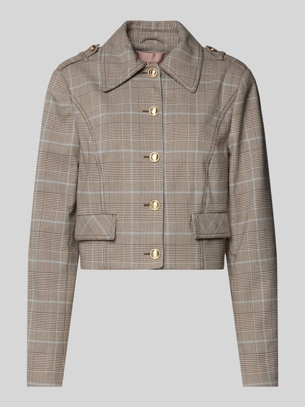 Produktfoto, Blazer mit Knopfleiste Modell 'GERALDINE' von Guess aus kariertem Material-Mix mit Viskose, beige-braun, Regular Fit, Hemdblusenkragen, Pattentaschen.