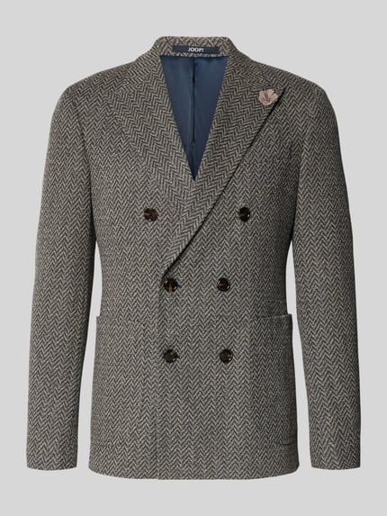 Produktfoto, Slim Fit Sakko mit Reverskragen Modell 'Heazy' von JOOP! COLLECTION aus Material-Mix mit Viskose-Anteil, Zweireiher, AufgesetzteTaschen, dezentes Fischgrätmuster, Rückenlänge 75 cm, Schulterbreite 46 cm, Ärmellänge 68 cm, grau-blau meliert