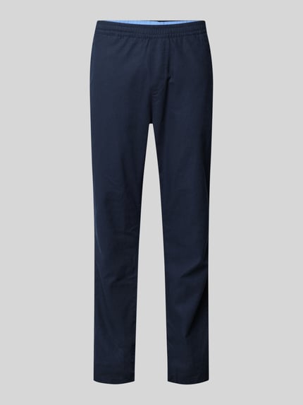 Produktfoto, proste spodnie o kroju prostym z mieszanki lnu i bawełny Gerade Hose aus Leinen-Baumwoll-Mix von Tom Tailor, efekt: jednolity kolor, średni stan, naszywka z logo, zapięcie na guzik i zamek błyskawiczny, wpuszczane kieszenie boczne i kieszenie z tyłu