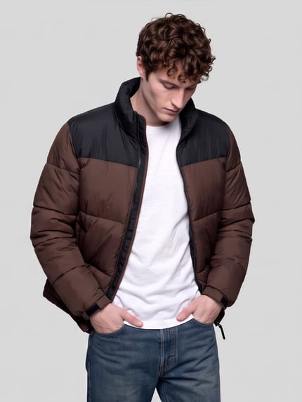 Männermodel trägt Steppjacke mit hohem Stehkragen Modell 'ONSMAVERICK' von ONLY in Braun und Schwarz, Regular Fit, Ganzkörperansicht von vorne.