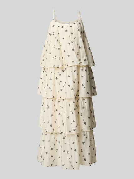 Produktfoto, Midikleid im Stufen-Look mit Spaghettiträgern van Jake*s, dames midi-jurk van lyocellmix in a-lijn all-over look laagjeslook, crème met zwarte details, ruglengte bij maat 36: 111 cm, borstwijdte 47 cm, gestructureerde stof, zacht en licht.