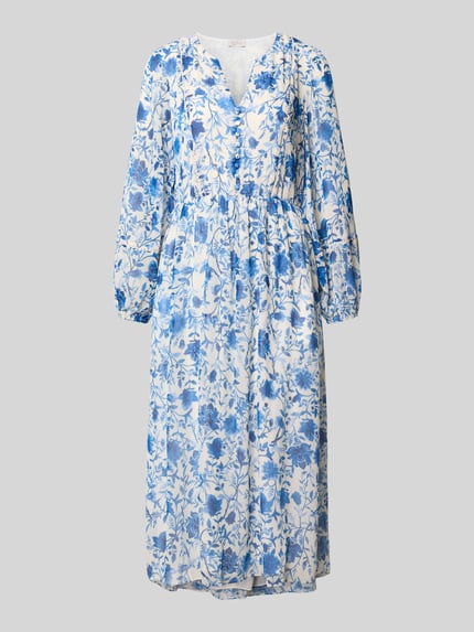Produktfoto, Midikleid aus reiner Viskose mit floralem Allover-Print von ROBE LÉGÈRE, taillierte Passform, Tunika-Ausschnitt, langärmelig, Knopfleiste, Weiß-Blau, Rückenlänge 123 cm, Brustweite 49 cm, Ärmellänge 60 cm, zarter Stoff mit glatter Textur