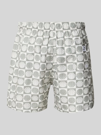 Produktfoto, Badehose im Allover-Look Modell 'Ilfracombe' von BOARDIES mit elastischem Bund und Tunnelzug, grafisches Muster in Grau und Weiß