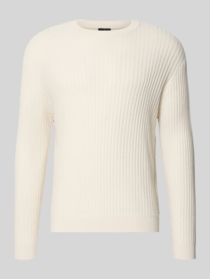 Produktfoto, Slim Fit Pullover in Strick-Optik von ARMANI EXCHANGE, cremeweiß, reine Baumwolle, Rundhalsausschnitt, elastische Abschlüsse