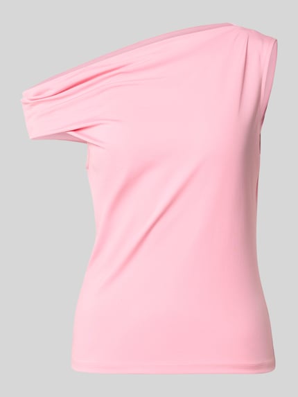 Produktfoto, Slim Fit Top aus Viskose-Mix in asymmetrischem Design von comma, rosa Farbe, glatte Textur, One-Shoulder-Look, Damenshirt.