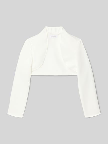 Produktfoto, weißer Bolero mit Stehkragen von Weise, Regular Fit, glatte Oberfläche, klare Linien, Produktname sichtbar auf Etikett
