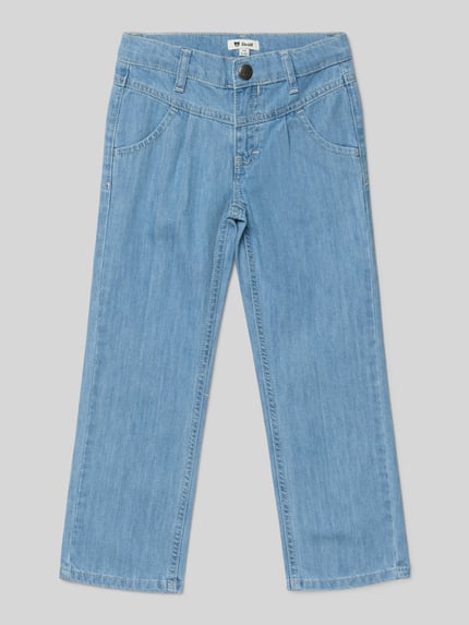 Productfoto, Jeans met steekzakken van Steiff, rechte pasvorm, blauwe katoen, knoop- en ritssluiting, labeldetail, kindermode
