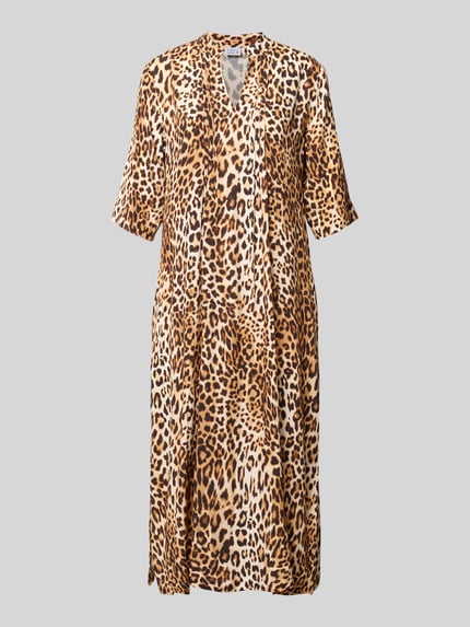 Produktfoto, Tunikakleid aus Viskose im Allover-Look van Emily Van den Bergh, recht model, midi, 3/4-mouw, bruin met zwart dierenpatroon, gladde textuur