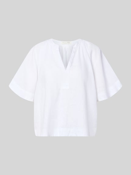 Productfoto, Boxy Fit Leinenbluse mit V-Ausschnitt van Christian Berg Woman, puur linnen, wit, korte mouwen, lichte structuur, damesblouse