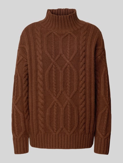Style Icon Collection Sweter wełniany o kroju oversized ze ściegiem warkoczowym i prążkowaną stójką Orzechowy 2