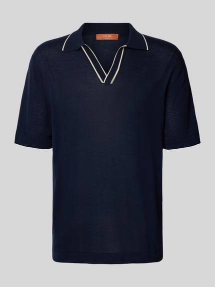 Produktfoto, Regular Fit Poloshirt aus Baumwolle von CRUNA, dunkles Blau, Strick-Optik, Polokragen mit Kontrastkante, Herrenmode
