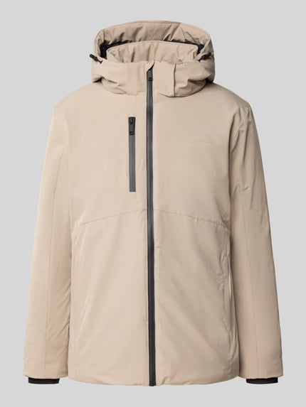 Produktfoto, Regular Fit Jacke mit Logo-Print von Lindbergh in beige, elastische materiaalmix, capuchon met tunnelkoord, napoleonzak, logoprint, heren jack, ruglengte maat M 74 cm, schouderbreedte 46 cm, borstwijdte 42 cm, mouwlengte 62 cm