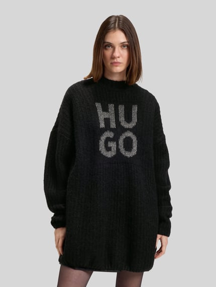 HUGO Sweter o kroju oversized z dzianiny z mieszanki wełny model ‘SLOGUIS’ Czarny 4