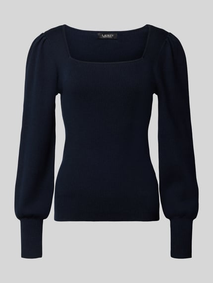 Produktfoto, Strickpullover mit Puffärmeln Modell 'DIEKA' von Lauren Ralph Lauren in Dunkelblau, Ripp-Optik, Karree-Ausschnitt, Slim Fit