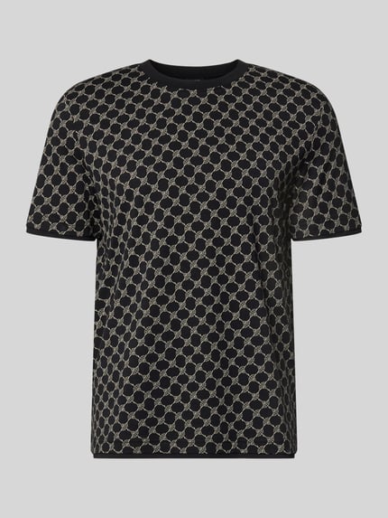 Produktfoto, T-Shirt mit Logo-Muster und Rundhalsausschnitt von JOOP! Collection aus Baumwoll-Lyocell-Mix, Regular-Fit, schwarze Grundfarbe, Rückenlänge 69 cm bei Größe M.