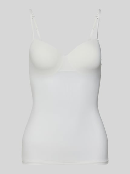 Productfoto, BH-Top met gewatteerde, gemodelleerde cups model 'ALLURE' van Hanro, wit, stretchmateriaal, verstelbare bandjes, nauwsluitende pasvorm.