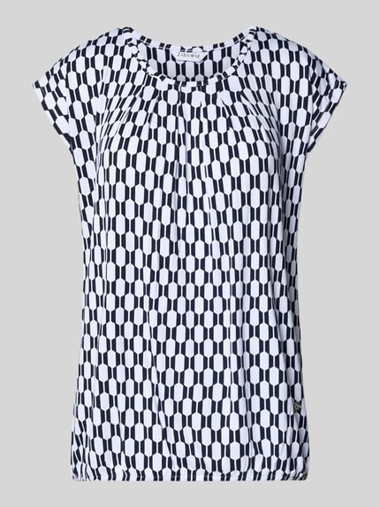 Produktfoto, Blusenshirt mit Rundhalsausschnitt von ZABAIONE, biało-czarny wzór, prosty krój, tkanina wiskozowo-elastanowa, długość tyłu w rozmiarze S: 58 cm