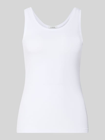 Produktfoto, weißes Slim Fit Tanktop aus Baumwoll-mix von s.Oliver RED LABEL vor grauem Hintergrund, glatte Textur