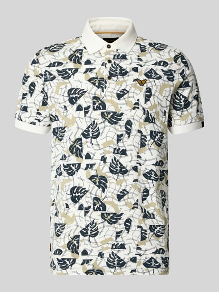 Produktfoto, Slim Fit Poloshirt im Allover-Look von PME Legend aus Baumwoll-Elasthan-Mix mit Knopfleiste und Label-Stitching, creme-schwarz-beige, Rückenlänge 72 cm in Größe M.