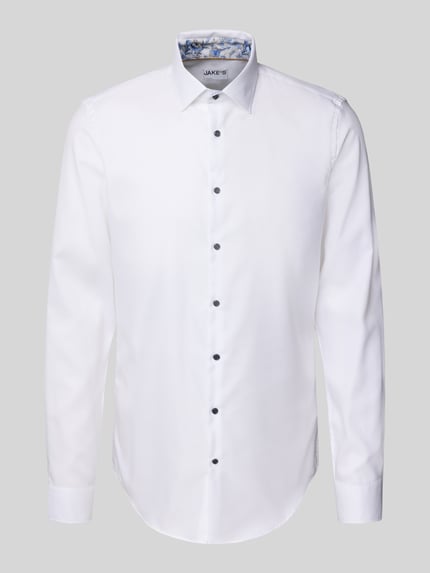 Produktfoto, Slim Fit Businesshemd mit extra langem Arm von Jake*s in Weiß, reine Baumwolle, Kentkragen, Knopfleiste, glatte Textur