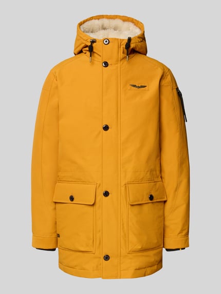 Produktfoto, gelber Parka aus Baumwoll-Mix Modell 'AVIATION' von PME Legend mit Kapuze, Kunstfellbesatz, Pattentaschen und Reißverschluss