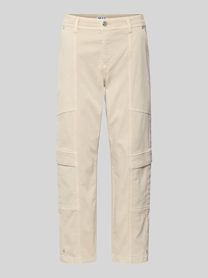 Produktfoto, Straight Fit Cargohose aus Baumwoll-Mix Modell 'Ruby 2.0' von MAC, beżowa, z kieszeniami cargo, bawełna z elastanem, zapięcie na guzik i zamek, szwy dekoracyjne, Szerokość w rozmiarze 36: 41 cm, długość nogawki od wewnątrz: 69 cm