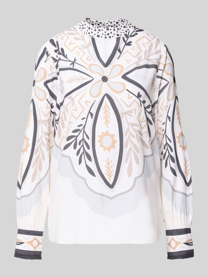 Produktfoto, Regular Fit Bluse aus Seiden-Mix von HERZENS, floraler Print in Weiß, Beige und Grau, elastischer Stoff, Langarm, Stehkragen