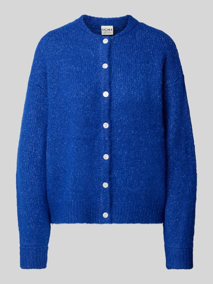 Produktfoto, Relaxed Fit Strickjacke mit Woll-Anteil Modell 'Belablue' von ICHI in kräftigem Blau mit weißen Knöpfen, Damen, strukturierte Oberfläche, langärmlig, Rundhalsausschnitt, elastischer Material-Mix
