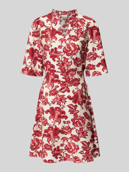 Produktfoto, Minikleid aus Viskose-Mix Modell 'GILVIS' von ICHI mit tailliertem Schnitt, rot-weißem Allover-Blumenmuster, V-Ausschnitt, strukturierte Oberfläche